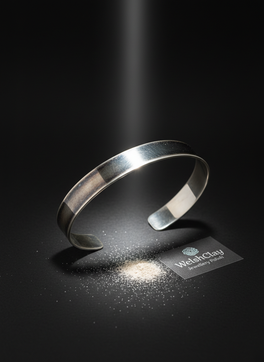 A dramatic before-and-after comparison of a vintage silver cuff bracelet, arranged diagonally across a dark charcoal background. The left half of the bracelet remains oxidized and dull, while the right half, treated with WelshClay Jewellery Polish, gleams with a bright, mirror-like finish. A faint dusting of pale mineral powder lies near the polished side, hinting at the natural cleaning agent. A narrow beam of studio light from above accentuates the contrast, creating crisp reflections on the restored metal and soft falloff into the shadows. Photographic realism with a low, angled perspective and tight framing evokes a precise, professional, and results-focused atmosphere.