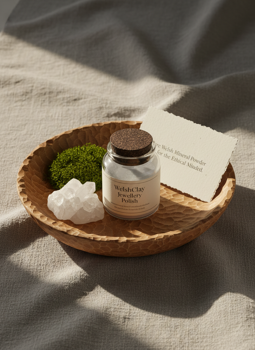 A high-end product lifestyle scene showing a WelshClay Jewellery Polish jar nestled in a shallow, hand-carved wooden tray alongside a cluster of white quartz, a small sprig of green moss, and a recycled-paper information card reading “Pure Welsh Mineral Powder for the Ethical Minded.” The tray rests on a soft, natural linen cloth in muted stone tones. Gentle morning window light enters from the left, creating soft highlights on the glass jar and subtle shadows in the fabric folds. The photographic realism, three-quarter overhead angle, and carefully balanced composition convey an ethical, earth-conscious luxury mood that feels professional yet organic and grounded.