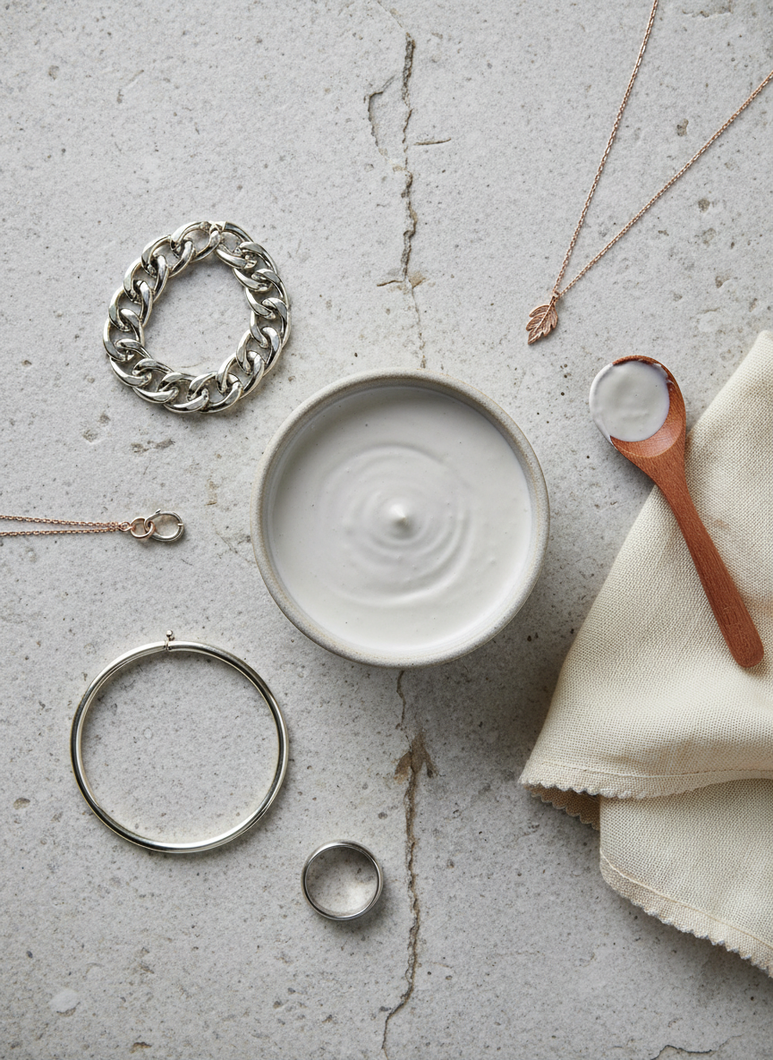 An elegant flat-lay of assorted jewellery pieces arranged around a ceramic bowl containing ultra-fine Welsh clay mineral powder mixed into a smooth, creamy polish. Sterling silver bracelets, a rose gold necklace, and a simple platinum band radiate from the bowl, all restored to a mirror-like shine. The scene rests on a textured, light stone surface, with a small wooden spoon and a reusable organic cotton cloth nearby to suggest sustainable care. Soft studio lighting from above casts delicate shadows, enhancing textures without harshness. The atmosphere feels refined and professional, with photographic realism, balanced composition using the rule of thirds, and a clean, ethical luxury aesthetic.